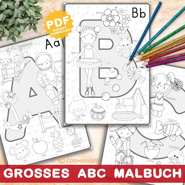 ABC Malbuch Alphabet ausmalen Anlaute Bilder Malheft Druckvorlage ausdruckbar deutsch PDF Lernheft Download Kind Geschenk Mädchen Junge DIY
