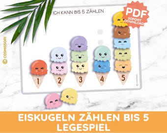 Può includere: Una colorata stampa educativa con coni gelato a fumetti numerati da 1 a 5. Ogni cono ha un numero diverso di palline, con facce sorridenti. Il testo "ICH KANN BIS 5 ZÄHLEN" è in alto e "EISKUGELN ZÄHLEN BIS 5 LEGESPIEL" in basso.