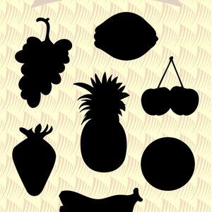 May include: A black and white silhouette image of a game for kids. The game is called "Find the matching fruit to each shadow!" The image shows a lemon, grapes, pineapple, strawberry, banana, and cherries.