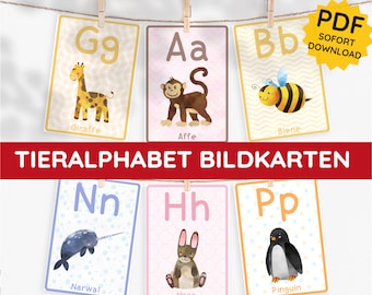 Animal Alphabet Picture Cards Watercolor Toddler Printable PDF Card Set Download to Print First Words Learn Letters Baby Gift DIY