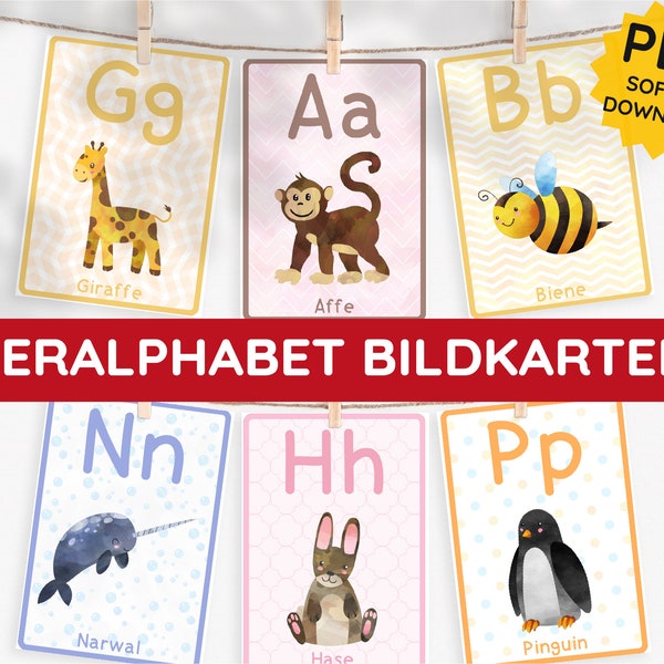 Tieralphabet Bildkarten Aquarell Kleinkind Printable PDF Kartensatz Download zum Ausdrucken Erste Worte Buchstaben lernen Babygeschenk DIY