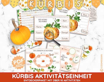 May include: A printable educational activity pack for kids about pumpkins. The pack includes a colorful illustration of a pumpkin, a diagram of the parts of a pumpkin, and a life cycle chart. The text on the page is in German.