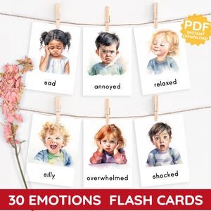 cartes flash émotions enfants aquarelle Montessori cartes d'apprentissage d'images modèle PDF sentiments compétences sociales expression faciale anglais