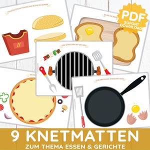 Könnte beinhalten: Eine Sammlung von neun illustrierten Spielmatten zum Thema Essen. Die Matten zeigen Bilder von einem Burger, Pommes Frites, gegrillten Spießen, Pizza, einer Bratpfanne mit einem Ei und Toast. Der Text "PDF SOFORT DOWNLOAD" ist auf einer Matte zu sehen. Der Titel "9 KNETMATTEN ZUM THEMA ESSEN & GERICHTE" steht unten.