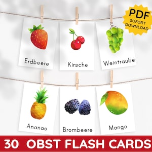 Ensemble de cartes Montessori aquarelle FRUIT à imprimer (PDF, 3 parties) à télécharger, illustrations imprimables pour tout-petits et enfants, cartes d'apprentissage allemandes