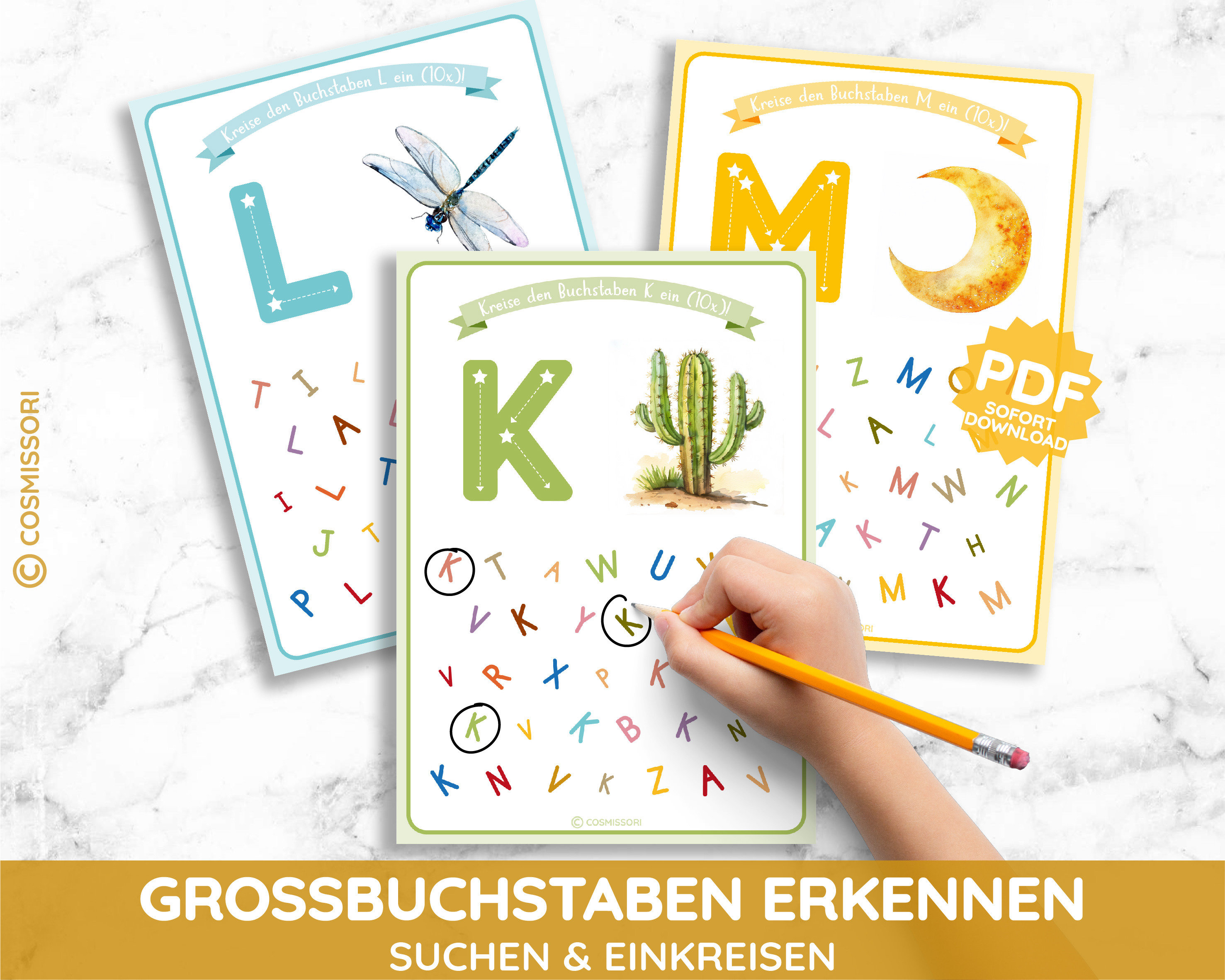 SEARCH & CIRCLE Capital letters alphabet with letter salad as PDF printable ABC kindergarten worksheet daycare school child German