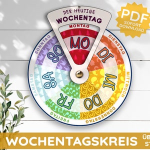 Wochentagskreis Wochentagsuhr Wochentagsrad Montessori Kalender Wochentage Drehscheibe PDF Vorlage ausdrucken basteln Kind Kita Deutschland