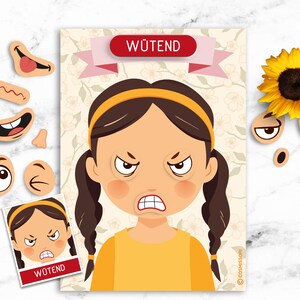 May include: A printable activity for kids featuring a girl with a yellow headband and braids. The girl has a blank face and the activity includes various facial expressions to choose from, including angry, happy, sad, and surprised. The activity is titled "W&uuml;tend" which is German for "angry".