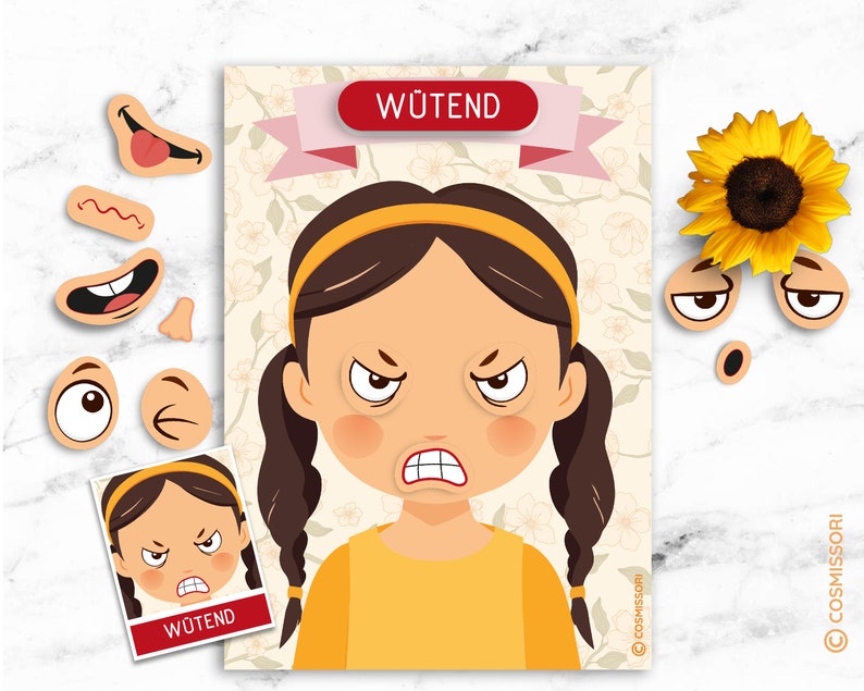 May include: A printable activity for kids featuring a girl with a yellow headband and braids. The girl has a blank face and the activity includes various facial expressions to choose from, including angry, happy, sad, and surprised. The activity is titled "W&uuml;tend" which is German for "angry".