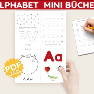 26 minilibros del alfabeto para doblar, colorear y calcar. Plantilla en PDF. Actividad Montessori en alemán. Hoja de trabajo para niños.