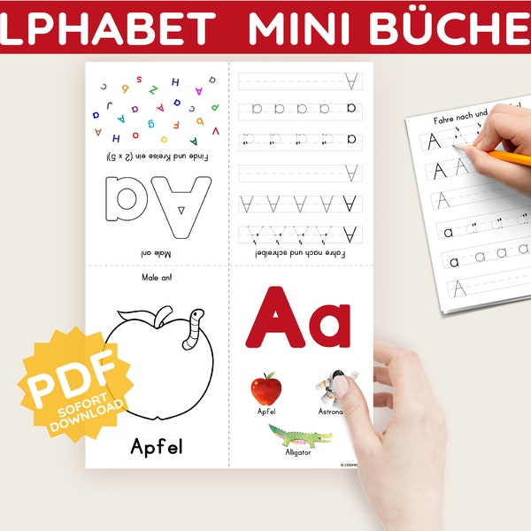 26 Alphabet Minibooks Heftchen zum Falten zum Ausmalen & Nachspuren PDF Vorlage deutsch Montessori Beschäftigung Kind Arbeitsblatt