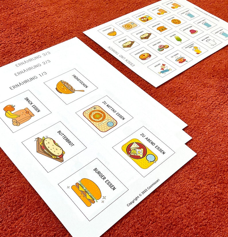 May include: A printable worksheet with illustrations of different foods and the German words for "breakfast", "lunch", "dinner", and "snack". The worksheet is titled "Ern&auml;hrung" which means "nutrition" in English.