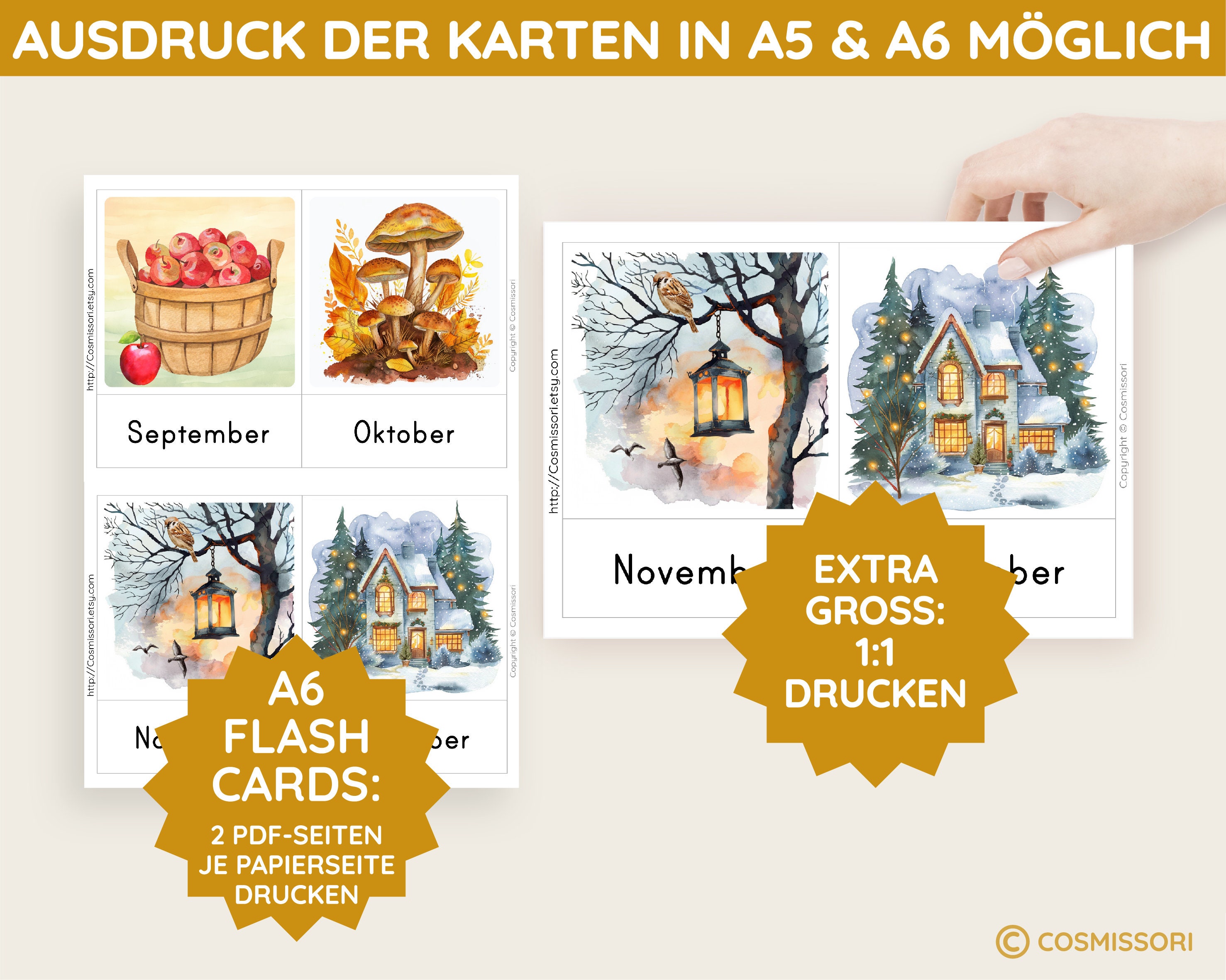 12 MONATE & JAHRESZEITEN Montessori Bildkarten Aquarell Lernkarten PDF
