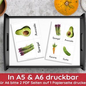 May include: Printable flashcards featuring illustrations of various vegetables, including avocado, asparagus, carrot, and cucumber. The cards are labeled in German with the names of the vegetables.