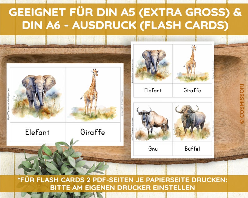 May include: Educational flash cards featuring watercolor illustrations of African animals: an elephant, giraffe, wildebeest, and buffalo. Each card displays the animal's name in German. The cards are designed for A5 and A6 printing.