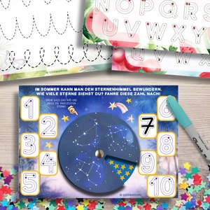 May include: A printable worksheet with a star-filled night sky and a spinning wheel with numbers 1 through 10. The text reads "IM SOMMER KANN MAN DEN STERNENHIMMEL BEWUNDERN. WIE VIELE STERNE SIEHST DU? FAHRE DIESE ZAHL NACHI DREHE DAZU DAS RAD UND ZAHLE DIE ANGEZEIGTEN STERNE!"