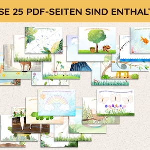May include: A set of 25 printable PDF pages featuring colorful illustrations of animals, nature scenes, and objects. The pages are designed for children's learning and activities.