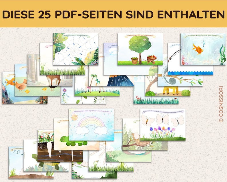 May include: A set of 25 printable PDF pages featuring colorful illustrations of animals, nature scenes, and objects. The pages are designed for children's learning and activities.