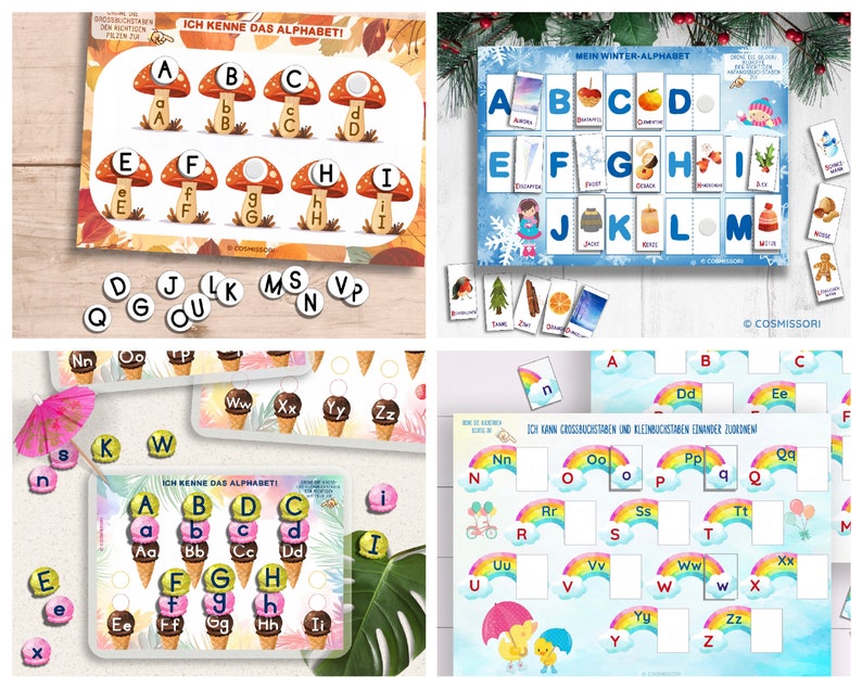 May include: Four colorful alphabet learning cards with different themes: autumn leaves, winter, ice cream, and rainbows. Each card features a grid of letters and images to match.