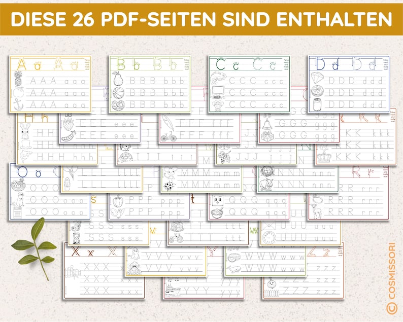 May include: A set of 26 printable worksheets for tracing the alphabet. Each worksheet features a different letter of the alphabet with a simple illustration and lines for tracing. The title of the set is "DIESE 26 PDF-SEITEN SIND ENTHALTEN".