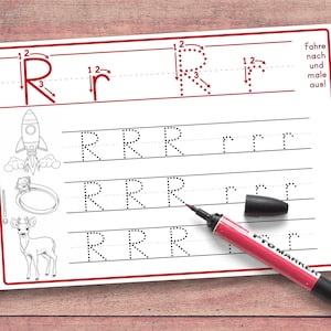 May include: A printable worksheet for practicing writing the letter R. The worksheet features dotted lines to guide the user in tracing the letter. The worksheet also includes illustrations of a rocket, a ring, and a deer.