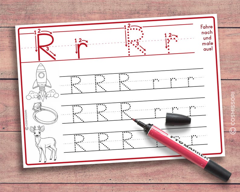 May include: A printable worksheet for practicing writing the letter R. The worksheet features dotted lines to guide the user in tracing the letter. The worksheet also includes illustrations of a rocket, a ring, and a deer.