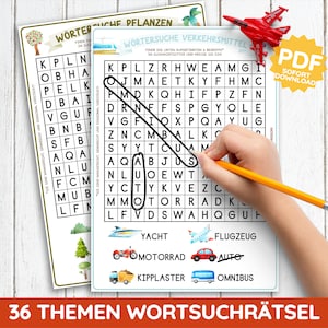 36 cuadrícula de búsqueda, búsqueda de palabras, cuadrícula de palabras, letras de rompecabezas, plantilla PDF, impresión, regalo para niños de escuela primaria, recuerdo artesanal alemán