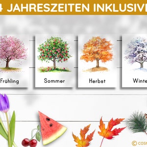 May include: Four watercolor illustrations of trees representing the four seasons: spring with a pink flowering tree, summer with a green tree with red apples, autumn with an orange tree, and winter with a tree covered in snow. The text "4 Jahreszeiten Inklusive" is at the top of the image.