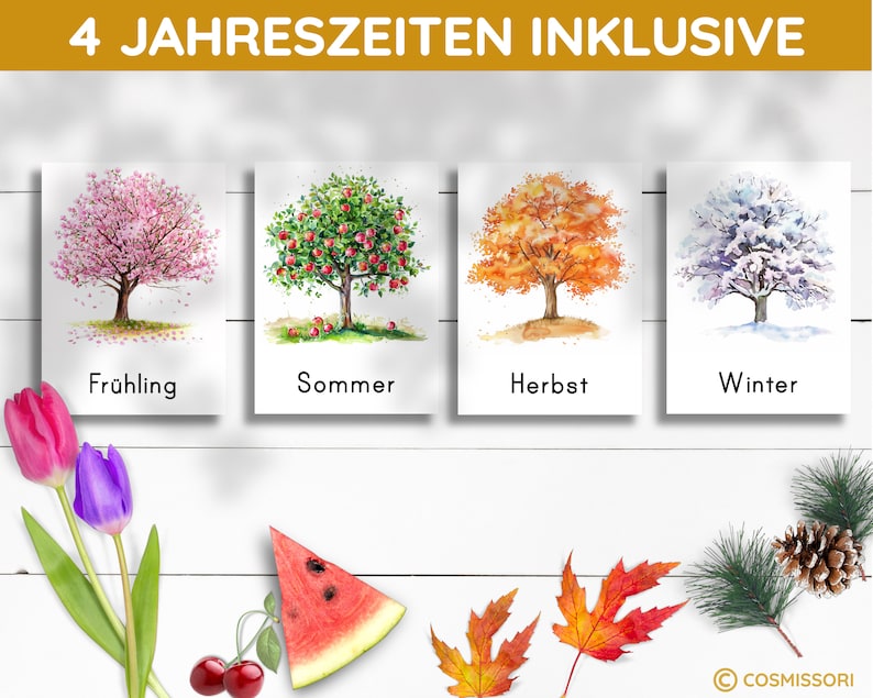 May include: Four watercolor illustrations of trees representing the four seasons: spring with a pink flowering tree, summer with a green tree with red apples, autumn with an orange tree, and winter with a tree covered in snow. The text "4 Jahreszeiten Inklusive" is at the top of the image.