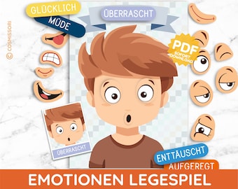 May include: A printable game for kids to learn about emotions. The game features a cartoon boy with different facial expressions and a set of interchangeable eyes, mouths, and eyebrows. The game includes the words "Glücklich", "Müde", "Überrascht", "Enttäuscht", "Aufgeregt", and "Emotionen Legespiel".