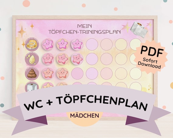 Töpfchen Planer Tafel Training Wochenplan Kleinkind Mädchen PDF Download Ausdrucken Belohnung Selbstständig Toilette Topf Ablauf lernen