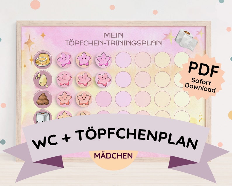 May include: A pink and yellow printable potty training chart with a star design. The chart has a title that says "Mein T&ouml;pfchen-Trainingsplan" and a section that says "WC + T&ouml;pfchenplan M&auml;dchen".