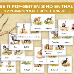 May include: A collection of illustrated flashcards featuring African animals, including a leopard, zebra, and elephant. The cards have German text at the top, with the animal names in both English and German. The background is a tan color.