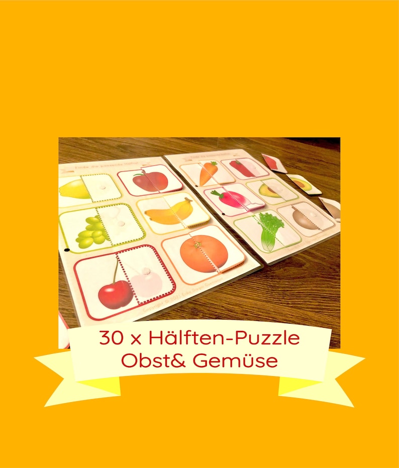 May include: A set of 30 fruit and vegetable half-puzzles for kids. The colorful cards feature images of fruits and vegetables cut in half. The text on the cards reads "30 x H&auml;lften-Puzzle Obst & Gem&uuml;se".