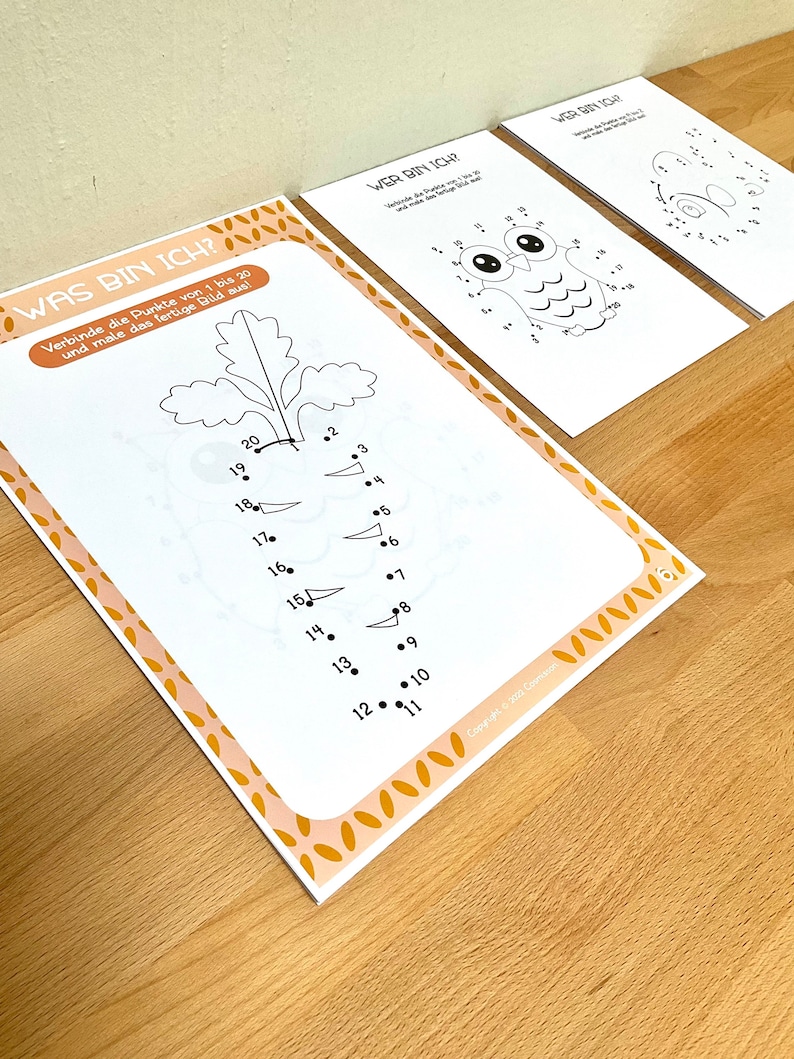 May include: A set of three printable dot-to-dot activity sheets for kids. The sheets feature a carrot, an owl, and a bear. The instructions are in German, "Verbinde die Punkte von 1 bis 20 und male das fertige Bild aus!" which translates to "Connect the dots from 1 to 20 and color the finished picture!"
