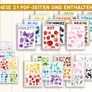 May include: A set of 21 printable PDF pages featuring colorful illustrations of various objects. Each page is dedicated to a different color, with the color name written in German at the top. The colors included are: white, gray, orange, green, turquoise, brown, pink, yellow, blue, black, violet, and red.