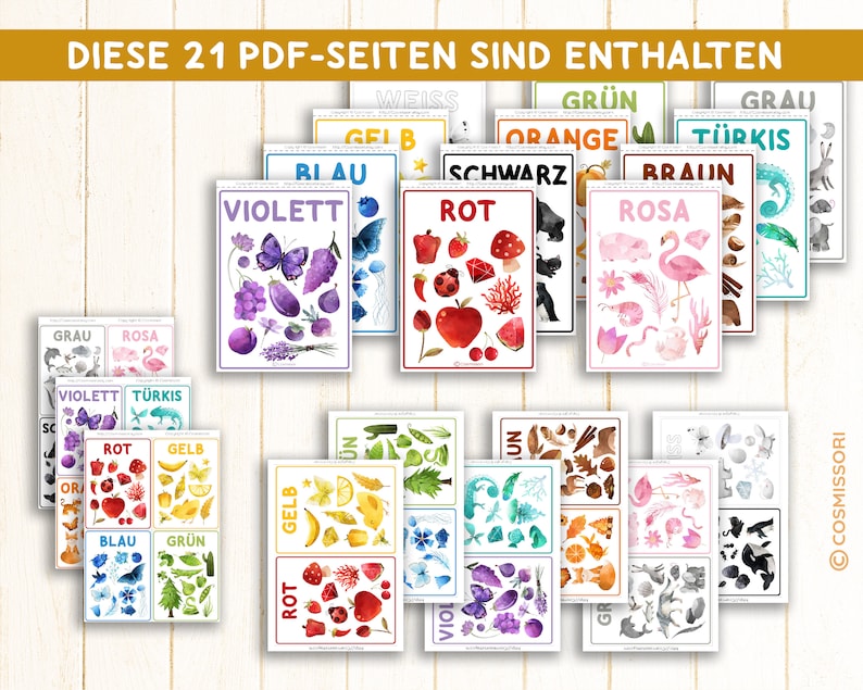 May include: A set of 21 printable PDF pages featuring colorful illustrations of various objects. Each page is dedicated to a different color, with the color name written in German at the top. The colors included are: white, gray, orange, green, turquoise, brown, pink, yellow, blue, black, violet, and red.