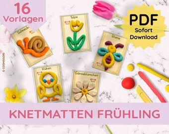 Spring Playdough Mats Templates Kneading Mats 16 Cards Fine Motor Skills Game Montessori PDF File for Printing Yourself Printable German DIY Child