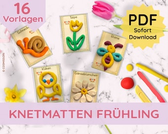 May include: A set of 16 printable play dough mats featuring spring-themed images like a snail, tulip, bee, chick, and daisy. The mats are labeled with the German words for each image. The text "PDF Sofort Download" is also visible on the image.