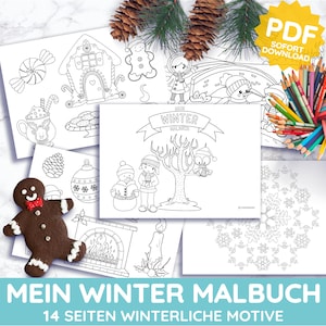 May include: A collection of winter-themed coloring pages with illustrations of gingerbread men, snowmen, and winter scenes. A gingerbread cookie and a bundle of colored pencils are also visible. The text says "Mein Winter Malbuch".