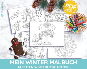 May include: A collection of winter-themed coloring pages with illustrations of gingerbread men, snowmen, and winter scenes. A gingerbread cookie and a bundle of colored pencils are also visible. The text says "Mein Winter Malbuch".