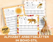 Boho einfache Arbeitsblätter Alphabet Schreiben lernen PDF ausdruckbar minimalistisch simpel Beschäftigung Kleinigkeit Kind Mini Geschenk