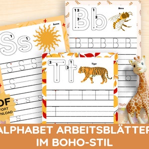 Semplici fogli di lavoro Boho per imparare a scrivere l'alfabeto PDF stampabile, attività semplice e minimalista, mini regalo per bambini