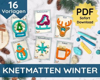 May include: A set of 16 printable play dough mats featuring winter-themed images, including a snowman, snowflake, reindeer, and hot chocolate. The mats are printed on white cardstock and have a blue border. The text "KNETMATTEN WINTER" is printed in blue at the bottom of the image.