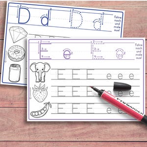 May include: A printable worksheet for practicing writing the letters D and E. The worksheet includes dotted lines to guide the user in tracing the letters. The worksheet also includes images of a diamond, donut, can, elephant, strawberry, and peas.