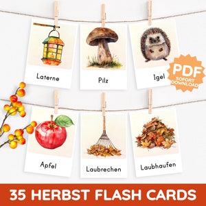 OUTONO Montessori cartões ilustrados aquarela outonal cartões de aprendizagem PDF conjunto de cartões modelo impressão criança criança bebê creche vocabulário impressão