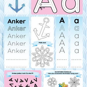 May include: A printable worksheet for learning the letter A. The worksheet features a picture of an anchor, the letter A in uppercase and lowercase, and a mandala with the letter A hidden inside. The worksheet also includes instructions for tracing the letter A and circling all the letter A's on the page.