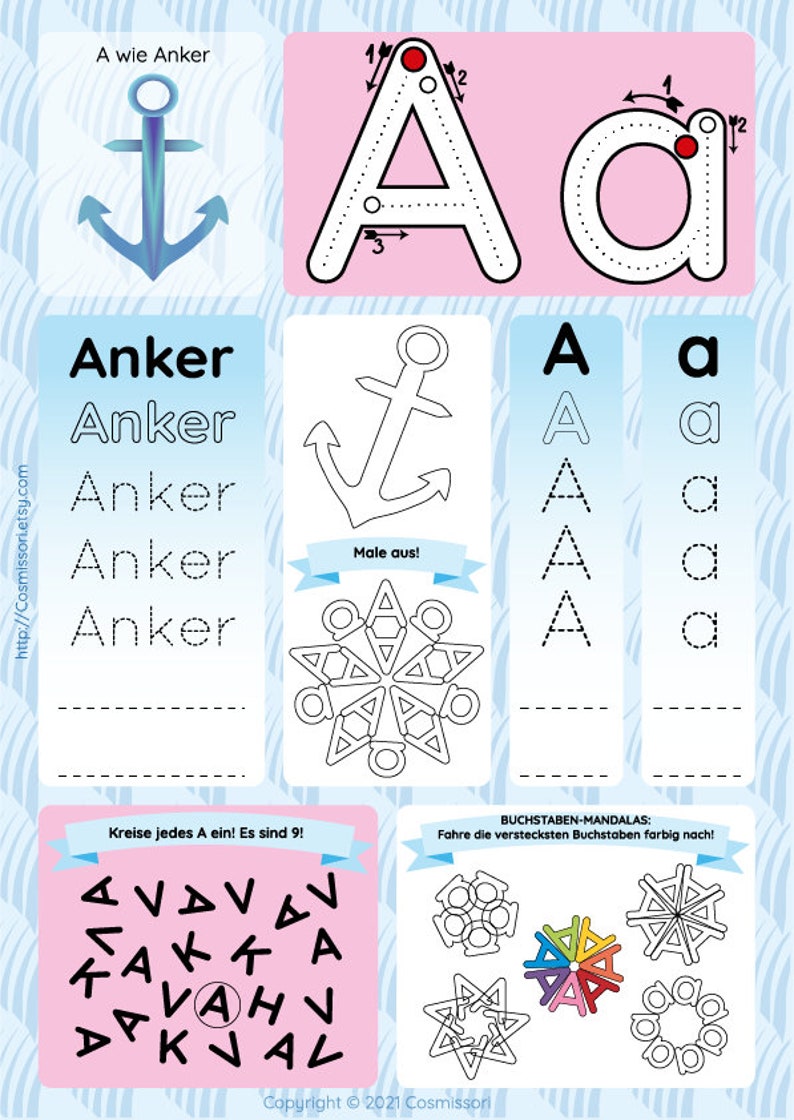 May include: A printable worksheet for learning the letter A. The worksheet features a picture of an anchor, the letter A in uppercase and lowercase, and a mandala with the letter A hidden inside. The worksheet also includes instructions for tracing the letter A and circling all the letter A's on the page.