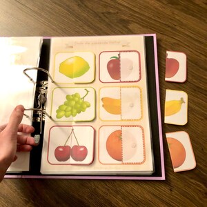 May include: A binder with a set of colorful flashcards featuring different fruits, each cut in half. The text "Finde die passende H&auml;lfte!" is printed on the top of the binder.