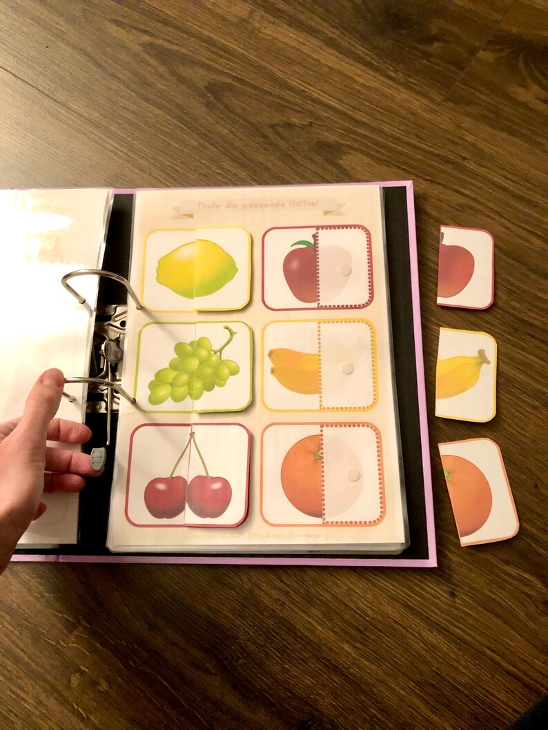 May include: A binder with a set of colorful flashcards featuring different fruits, each cut in half. The text "Finde die passende H&auml;lfte!" is printed on the top of the binder.